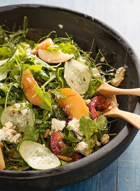 Stone fruit salad with goat curd and almond vinaigrette