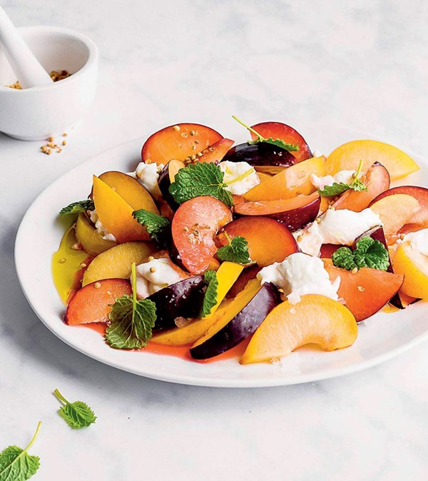 Stone fruit salad with lemon balm 