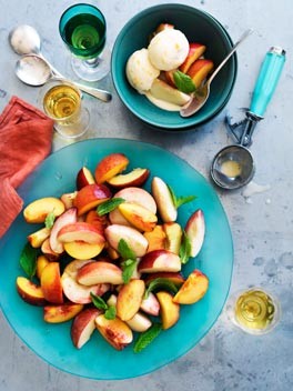 Stone fruit salad with peach and buttermilk ice-cream