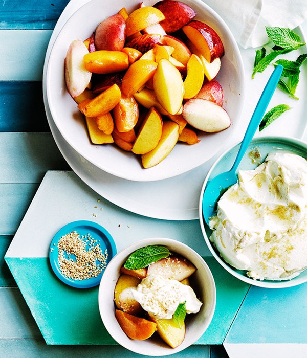Stone-fruit salad with tahini labne and mint