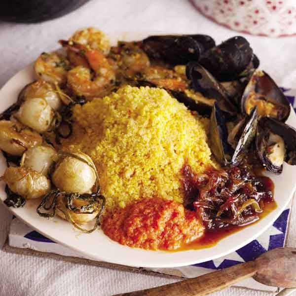 Stone-ground corn grits couscous with shellfish, caramelized onions, and glazed turnips