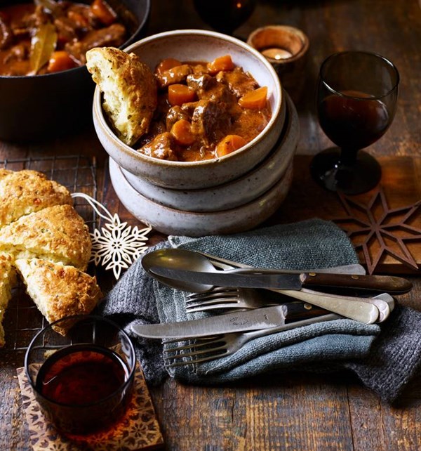 Store-cupboard beef stew with cheese biscuits