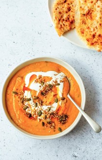Stormy night carrot, cumin + coriander soup with red lentils + dukkah [Sarah Tuck]