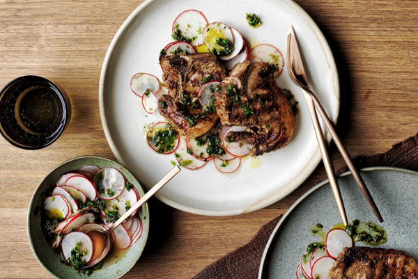 Stout and spice-marinated lamb chops with charred greens and radish salsa