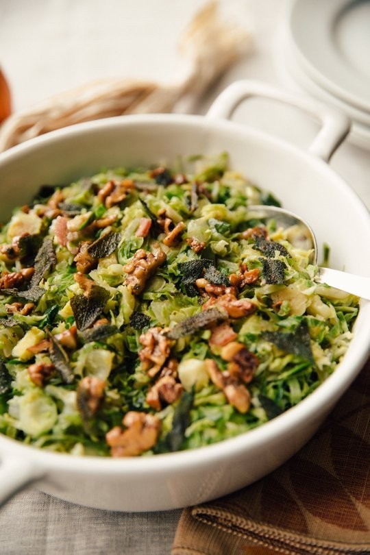 Stovetop Brussels sprouts hash with crispy sage and walnuts