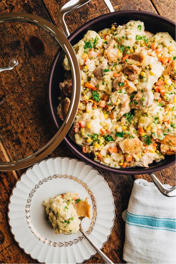 Stovetop chicken with herb dumplings