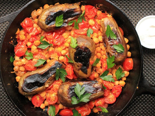 Stovetop eggplant with harissa, chickpeas, and cumin-yogurt