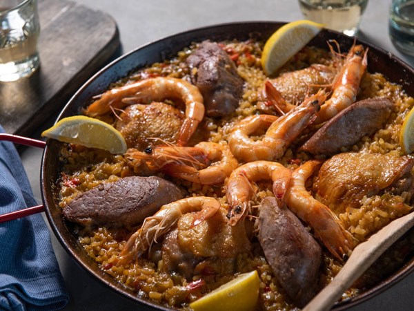 Stovetop paella mixta for four with pork, chicken, and shrimp
