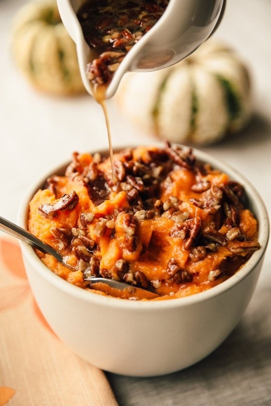Stovetop whipped sweet potatoes with maple pecan drizzle