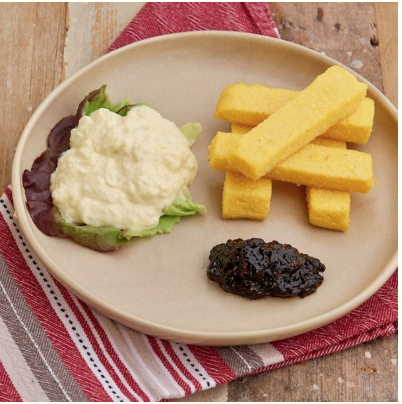 Stracciatella, polenta chips & burnt fig jam