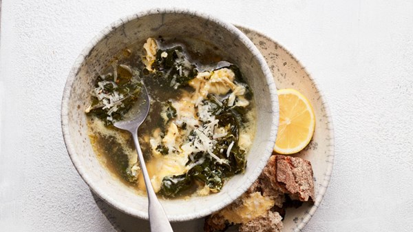 Stracciatella soup with kale and lemon