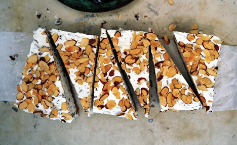 Stracciatella tortoni cake with espresso fudge sauce