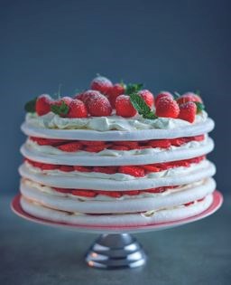 Strawberries & cream meringue layer cake with fresh mint