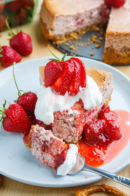Strawberries and cream cheesecake with pretzel crust