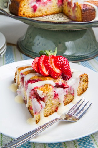 Strawberries and cream coffee cake with vanilla cream cheese glaze