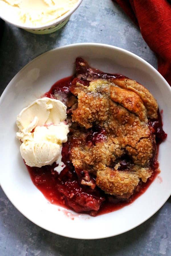 Strawberries and cream pandowdy with rye crust