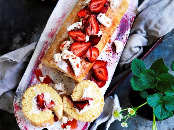 Strawberries and cream white chocolate roulade