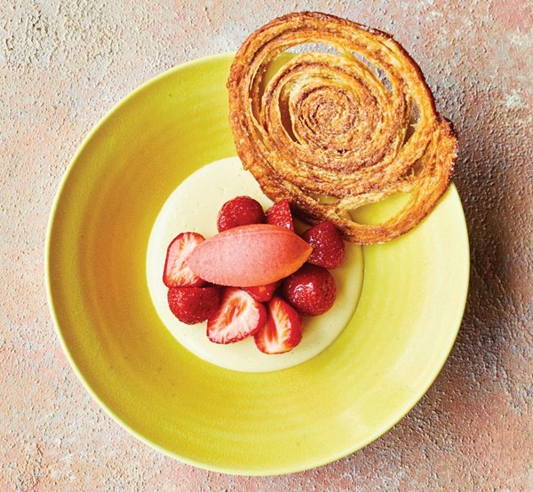 Strawberries, elderflower custard and strawberry Champagne sorbet