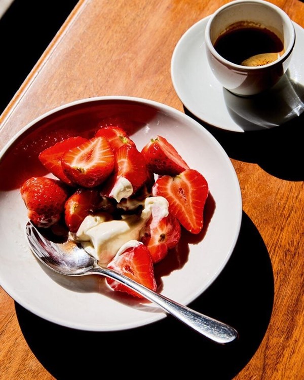 Strawberries marinated in PX sherry and black pepper with fresh cheese ice cream