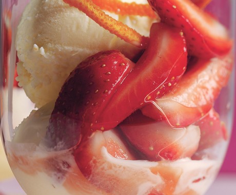 Strawberries Romanoff with crème fraîche ice cream