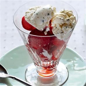 Strawberries with fresh mint ice cream