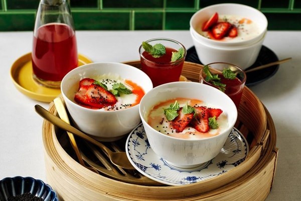 Strawberries with Hong Kong double-milk-skin pudding [Kym Machin]