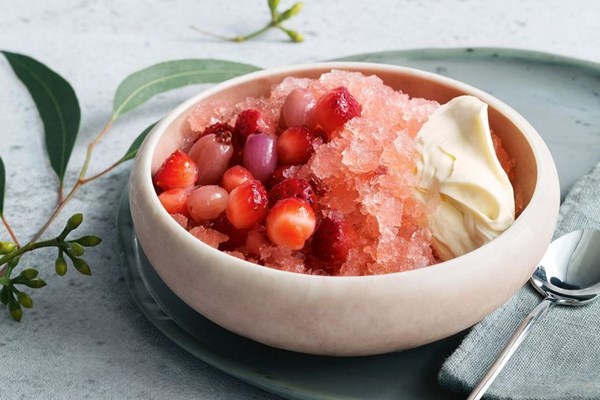 Strawberries with lilly pillies, Moscato granita and bush honey cream