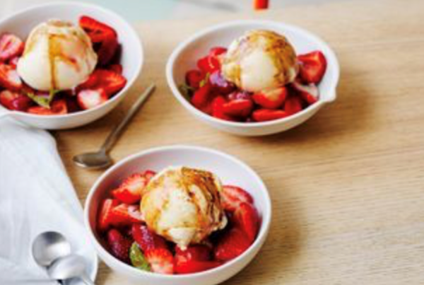 Strawberries with vino cotto, mint and vanilla ice cream [Jake Cassar]