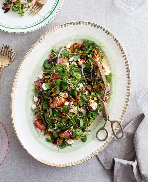 Strawberry & cress salad, honeyed walnuts & black pepper dressing