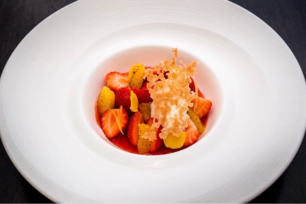 Strawberry & orange soup with citrus cream [Graham Hornigold]