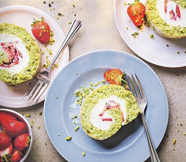 Strawberry & white chocolate pistachio roulade
