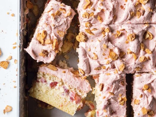 Strawberry-almond custard cake [almond simple syrup; pastry cream; roasted strawberry-mascarpone whipped cream]