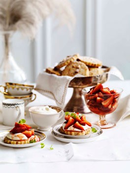 Strawberry and almond shortcakes with cassis cream