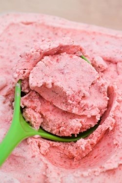 Strawberry and basil ice cream drizzled with basil oil