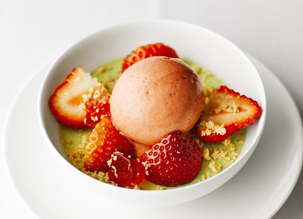 Strawberry and Champagne sorbet with basil cream and vanilla shortbread
