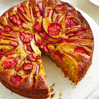 Strawberry and nectarine polenta and pistachio cake with whipped coconut yogurt