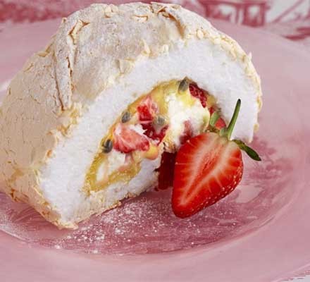 Strawberry and passion fruit meringue roulade