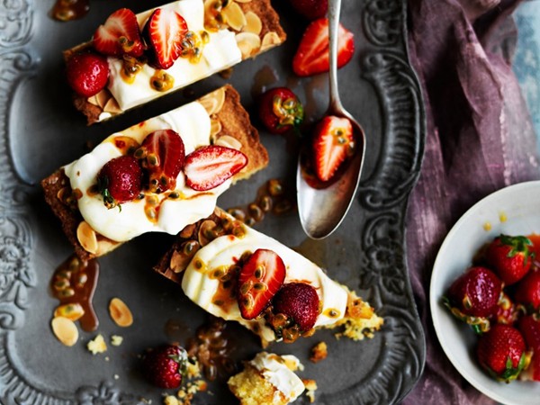 Strawberry and passionfruit frangipane cake