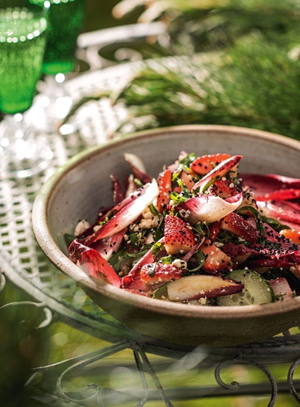 Strawberry and red witlof salad with honey-mustard dressing