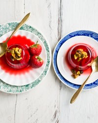 Strawberry and sweet wine gelées with candied pistachios