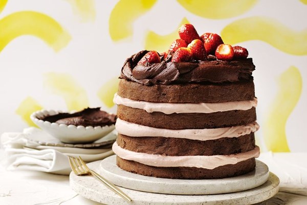 Strawberry and white chocolate mousse layer cake