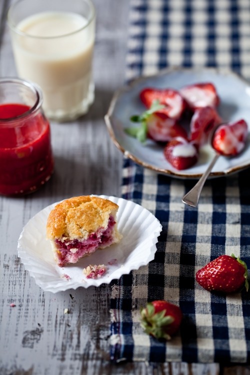 Strawberry and white chocolate passion fruit soups with mixed berry muffins