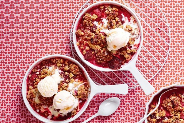 Strawberry, apple and rhubarb crumble