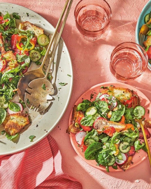 Strawberry, arugula, and spinach fattoush 