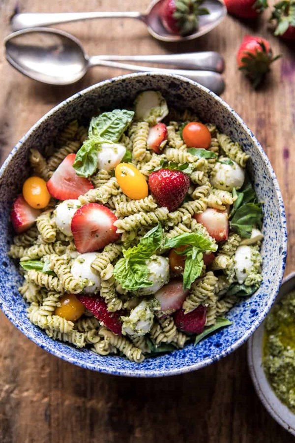 Strawberry avocado pesto pasta salad