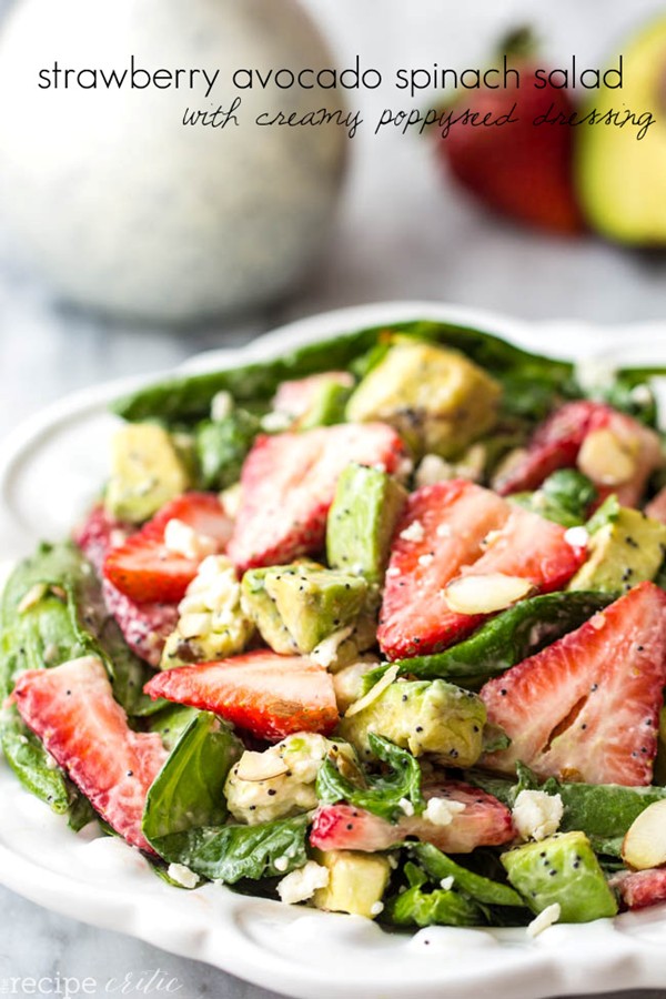 Strawberry avocado spinach salad with creamy poppyseed dressing