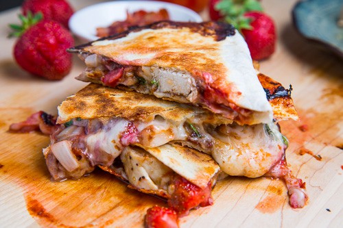 Strawberry balsamic grilled chicken and bacon quesadillas