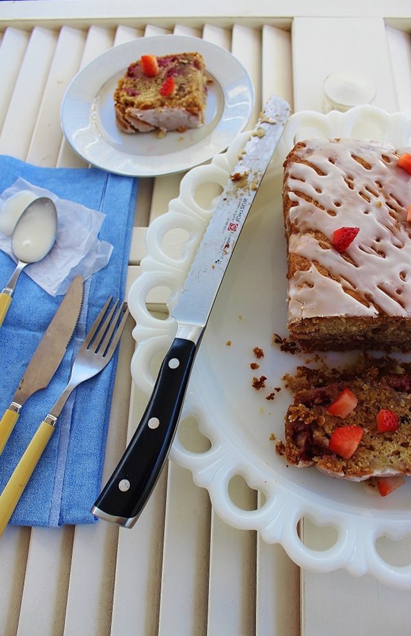 Strawberry banana nut biscuit bread with buttermilk orange glaze