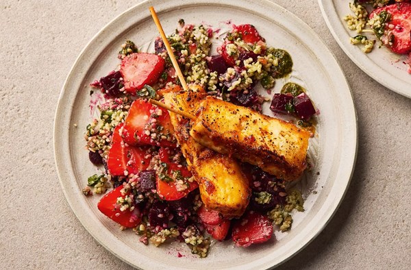 Strawberry, beet & grain salad with hot honey halloumi