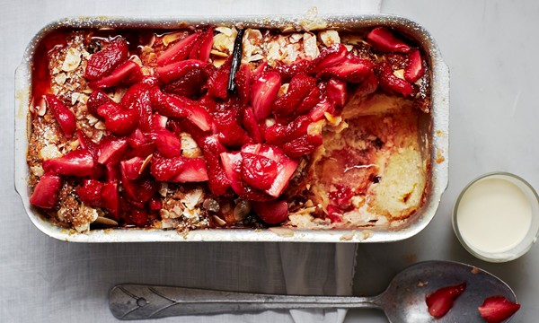 Strawberry brioche bread pudding
